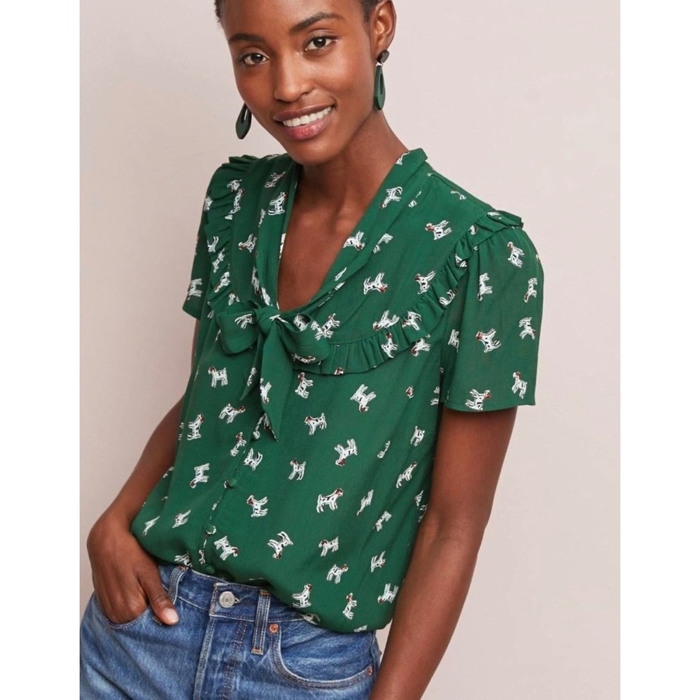 Anthropologie Adagio Dog Ruffle Blouse Green Short Sleeve XS Novelty Print - Picture 2 of 6